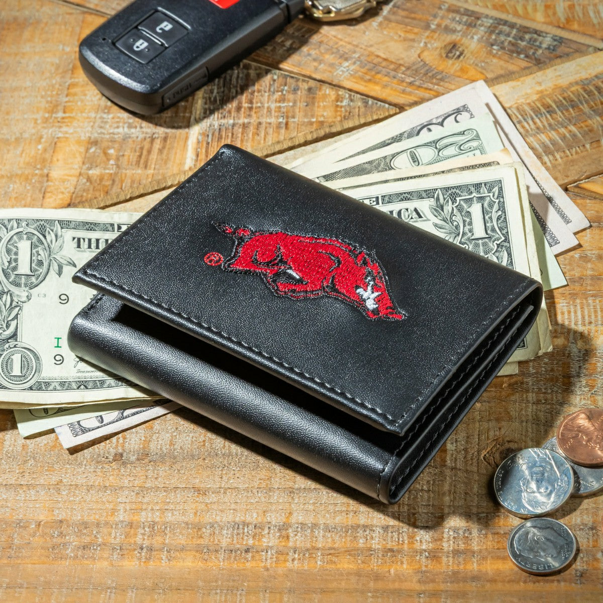 University of Arkansas Black Tri-Fold Embroidered Wallet w/ RFID Blocking, Collegiate, Home