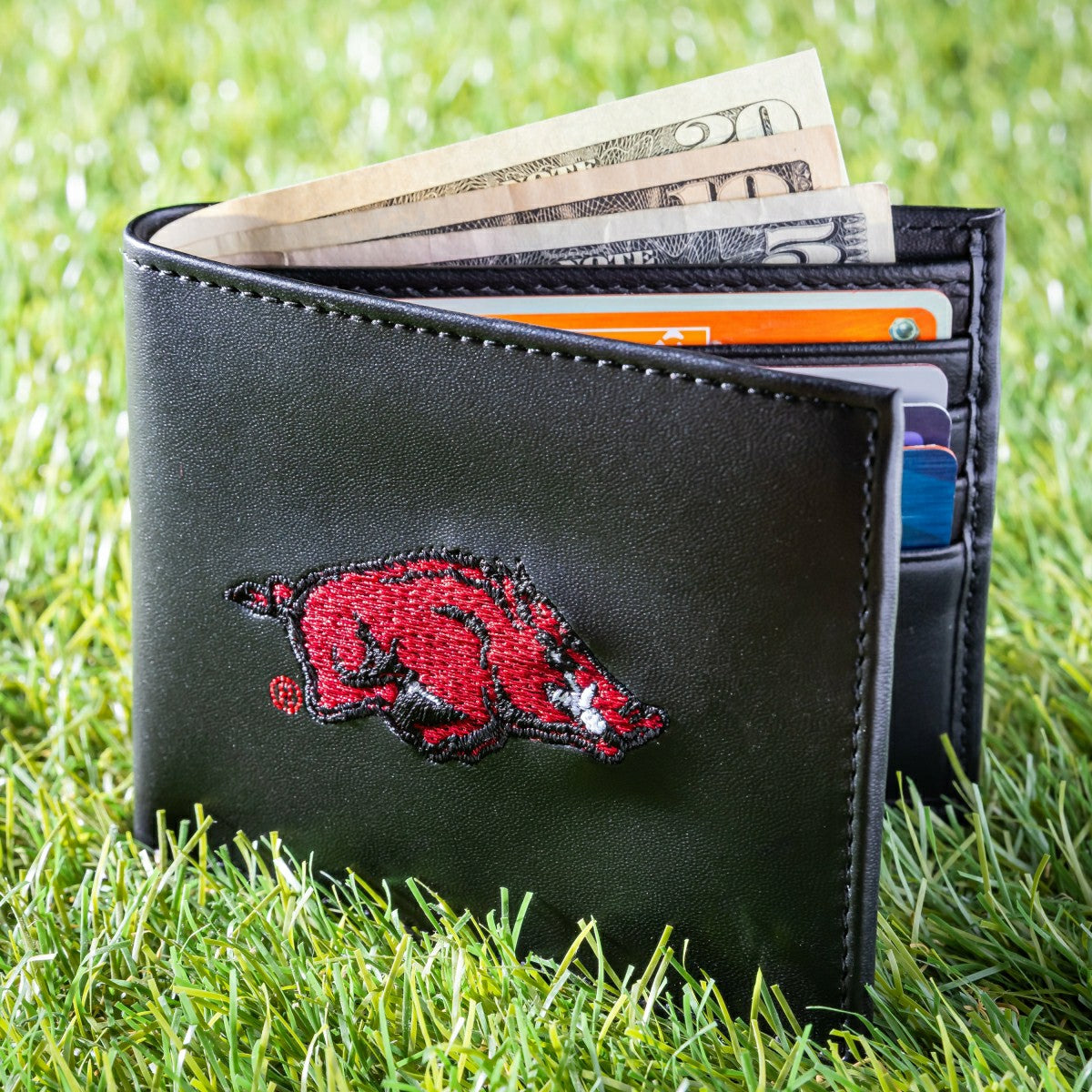 University of Arkansas Black Bi-Fold Embroidered Wallet w/ RFID Blocking, Collegiate, Home
