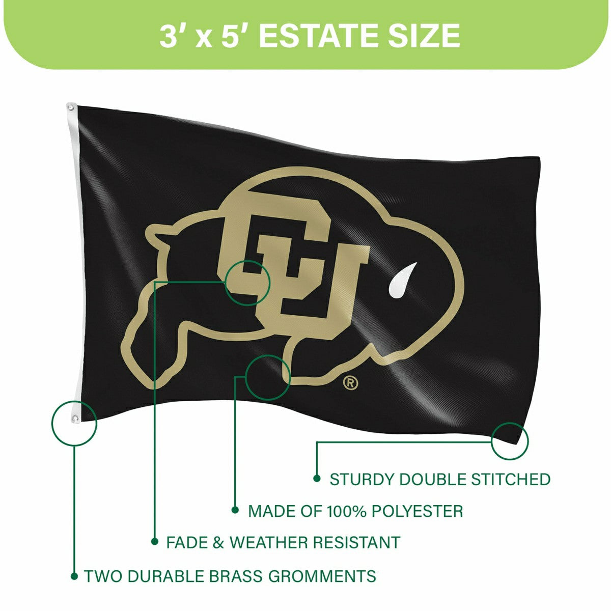 University of Colorado Single Sided Flag w/ 2 Grommets, 3'x5', Collegiate, Home