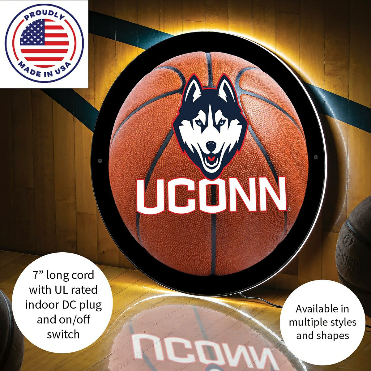 LED Wall Decor, Round, Med, Uconn, Basketball, Collegiate, Home