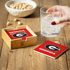 University of Georgia Ceramic Coasters Set, 4pcs with Wood Caddy, Collegiate, Home