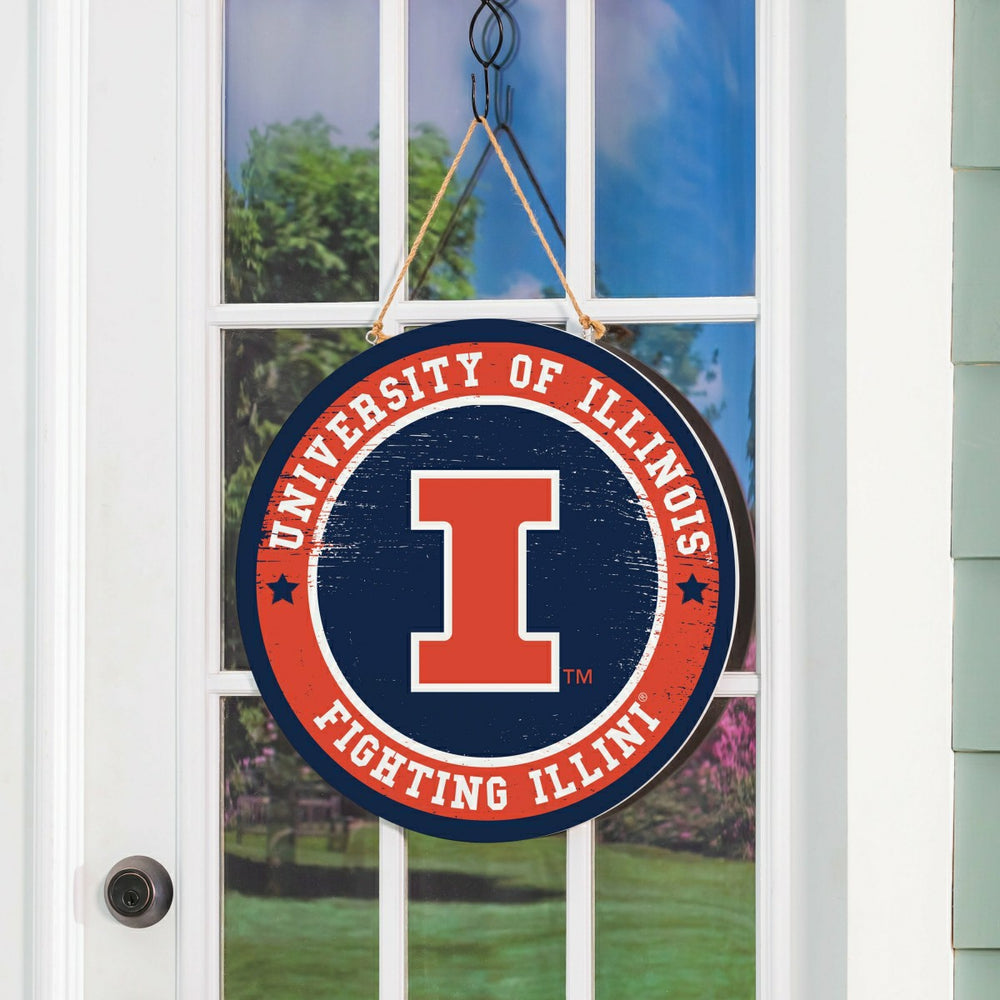 University of Illinois Round Door Décor with Hanging Rope, 18x18, Collegiate, Home
