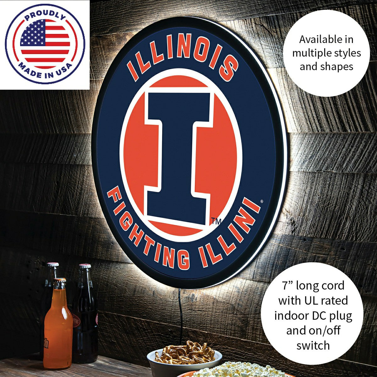 LED Wall Decor, Round, University of Illinois, Collegiate, Home