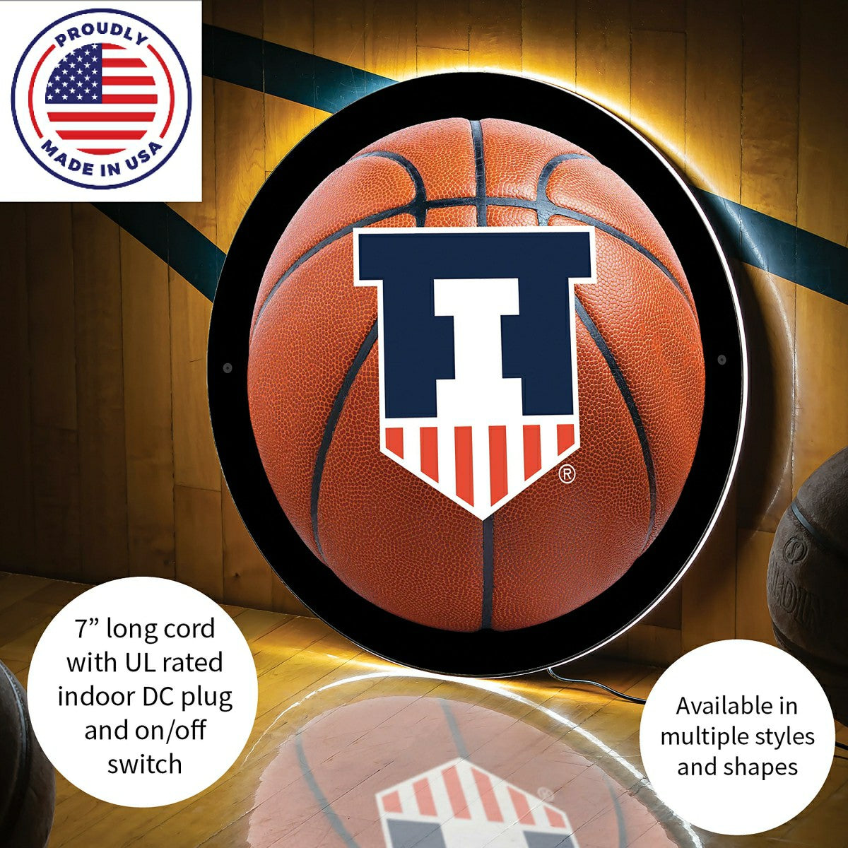 LED Wall Decor, Round, Med, Illinois, Basketball, Collegiate, Home