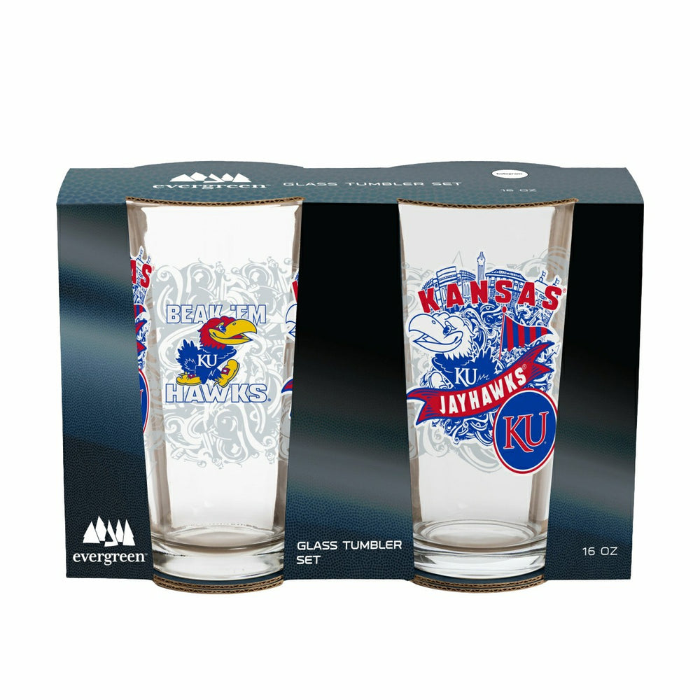 University of Kansas 16oz Glass pint, Set of 2, Collegiate, Home
