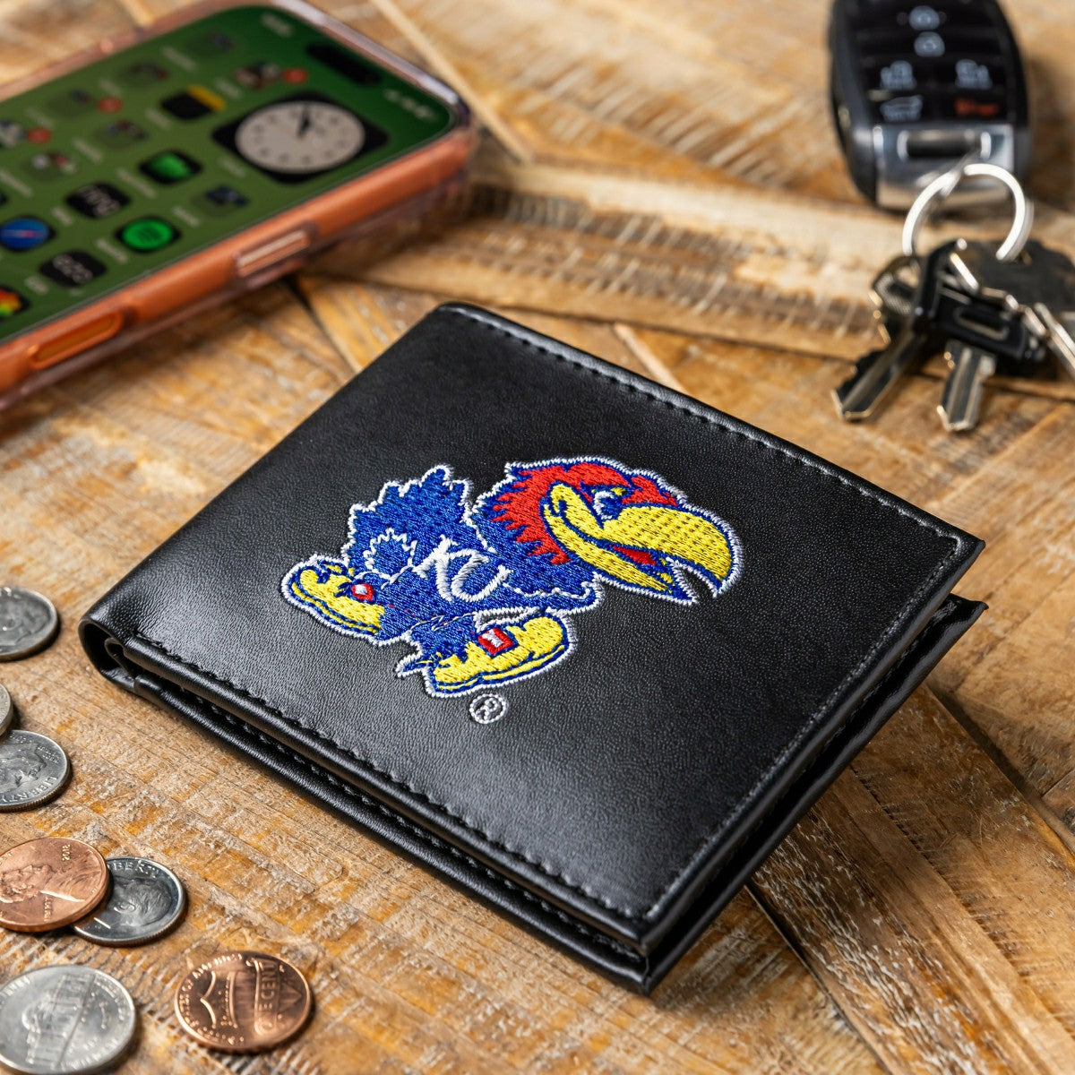 University of Kansas Black Bi-Fold Embroidered Wallet, Collegiate, Home