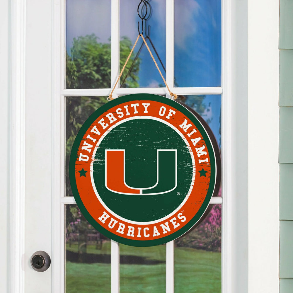 University of Miami Round Door Décor with Hanging Rope, 18x18, Collegiate, Home