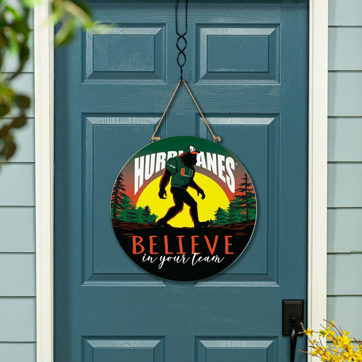 University of Miami Bigfoot Round Door Décor with Hanging Rope, 18x18, Collegiate, Home