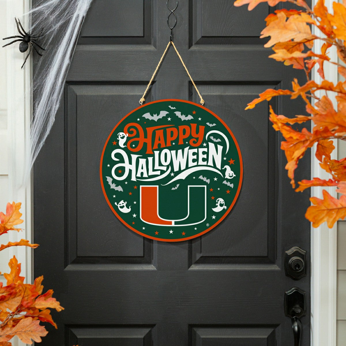University of Miami Halloween Round Door Décor with Hanging Rope, 18x1, Collegiate, Home