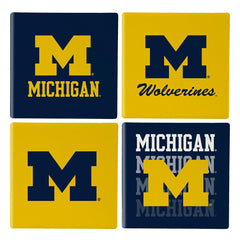 University Of Michigan Ceramic Coasters Set, 4pcs with Wood Caddy, Collegiate, Home