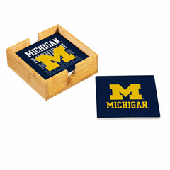 University Of Michigan Ceramic Coasters Set, 4pcs with Wood Caddy, Collegiate, Home