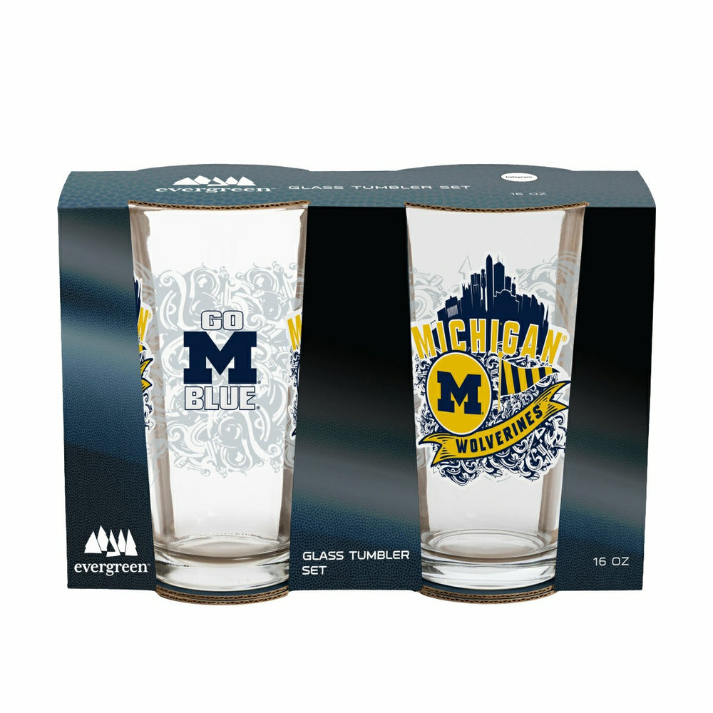 University Of Michigan 16oz Glass pint, Set of 2, Collegiate, Home