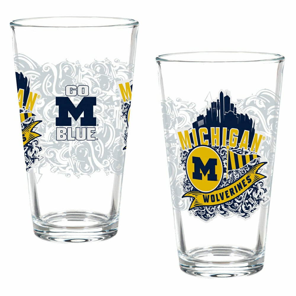 University Of Michigan 16oz Glass pint, Set of 2, Collegiate, Home