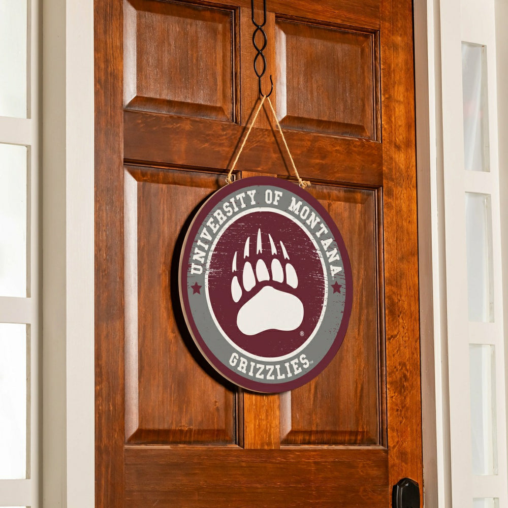 University of Montana Round Door Décor with Hanging Rope, 18x18, Collegiate, Home