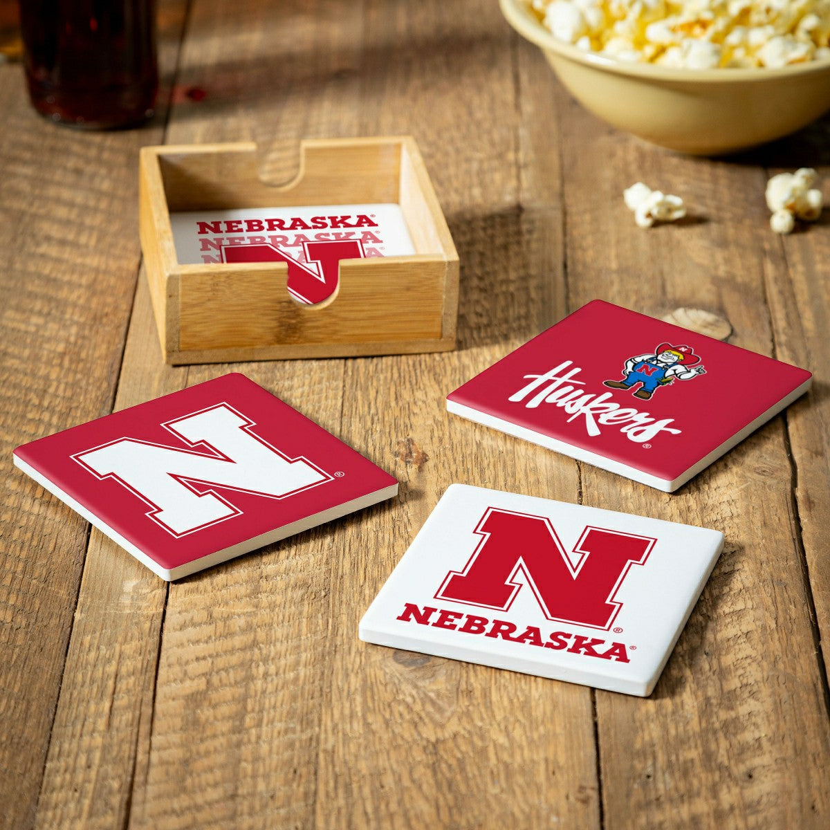 University of Nebraska Ceramic Coasters Set, 4pcs with Wood Caddy, Collegiate, Home