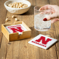 University of Nebraska Ceramic Coasters Set, 4pcs with Wood Caddy, Collegiate, Home