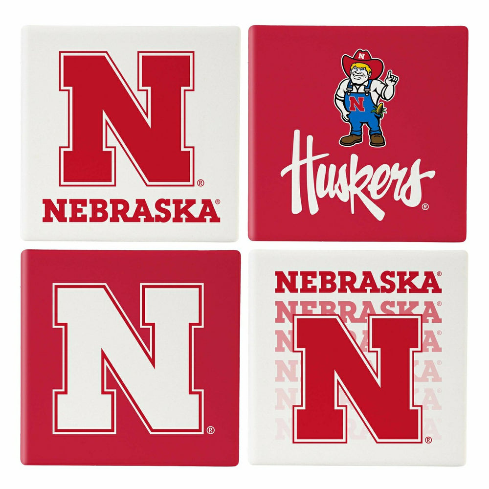 University of Nebraska Ceramic Coasters Set, 4pcs with Wood Caddy, Collegiate, Home
