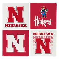 University of Nebraska Ceramic Coasters Set, 4pcs with Wood Caddy, Collegiate, Home