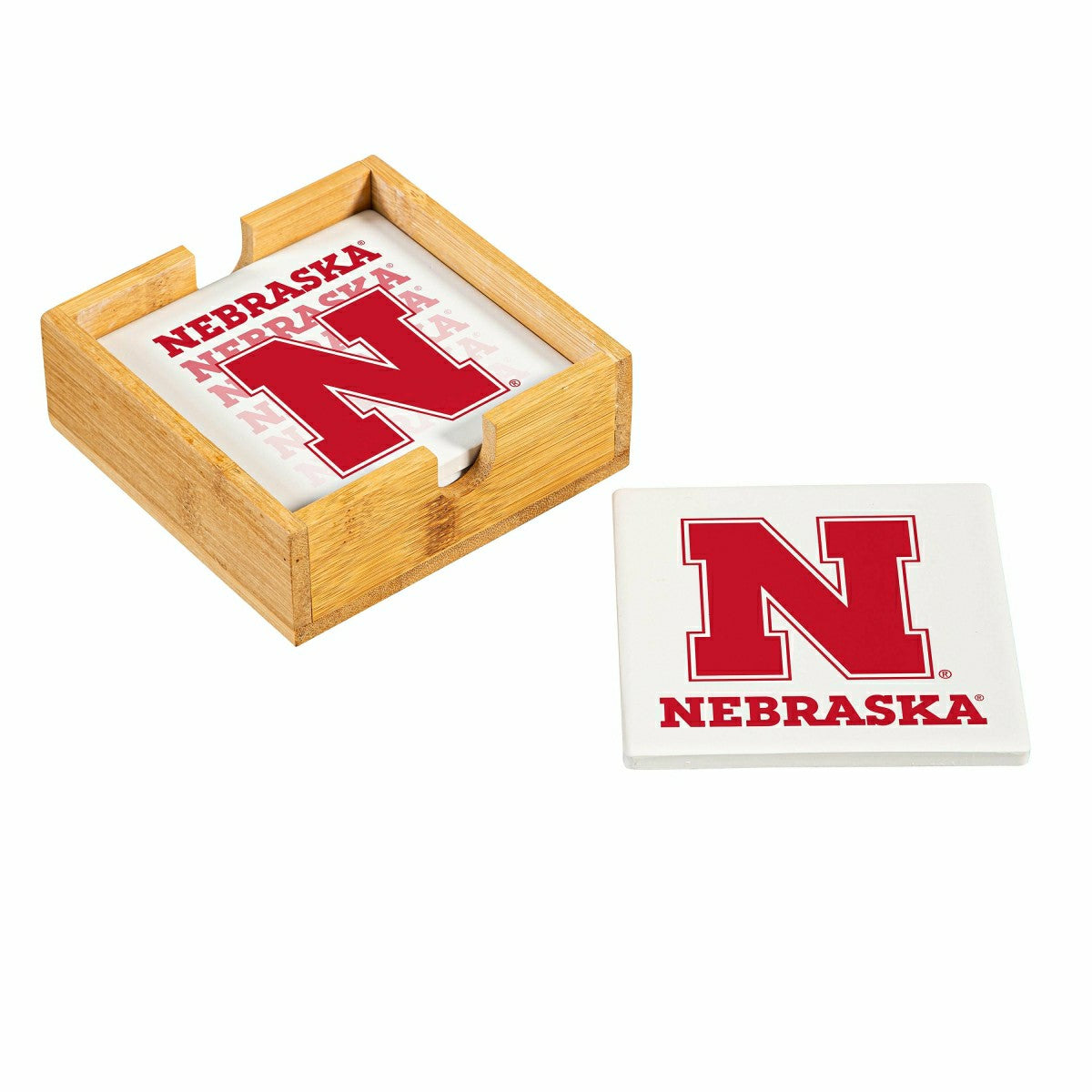 University of Nebraska Ceramic Coasters Set, 4pcs with Wood Caddy, Collegiate, Home