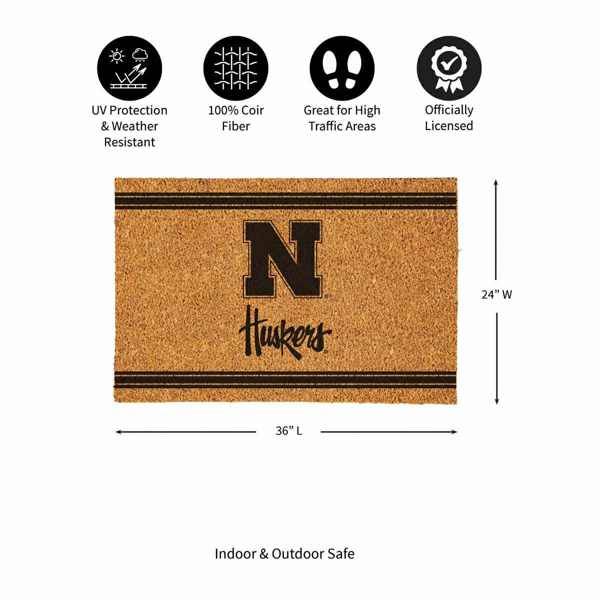 University of Nebraska Large One Color Coir Mat, 36"x24", Collegiate