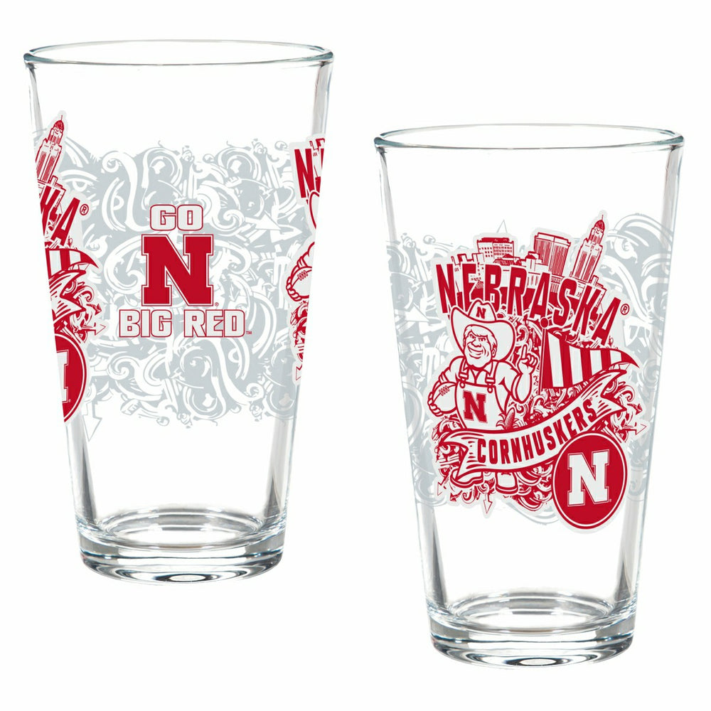 University of Nebraska 16oz Glass pint, Set of 2, Collegiate, Home