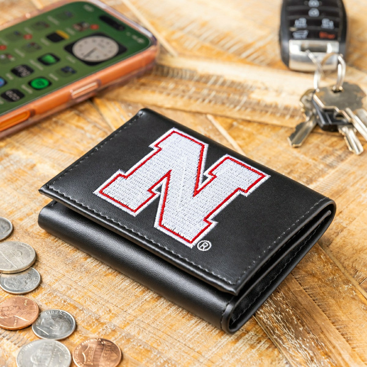 University of Nebraska Black Tri-Fold Embroidered Wallet w/ RFID Blocking, Collegiate, Home