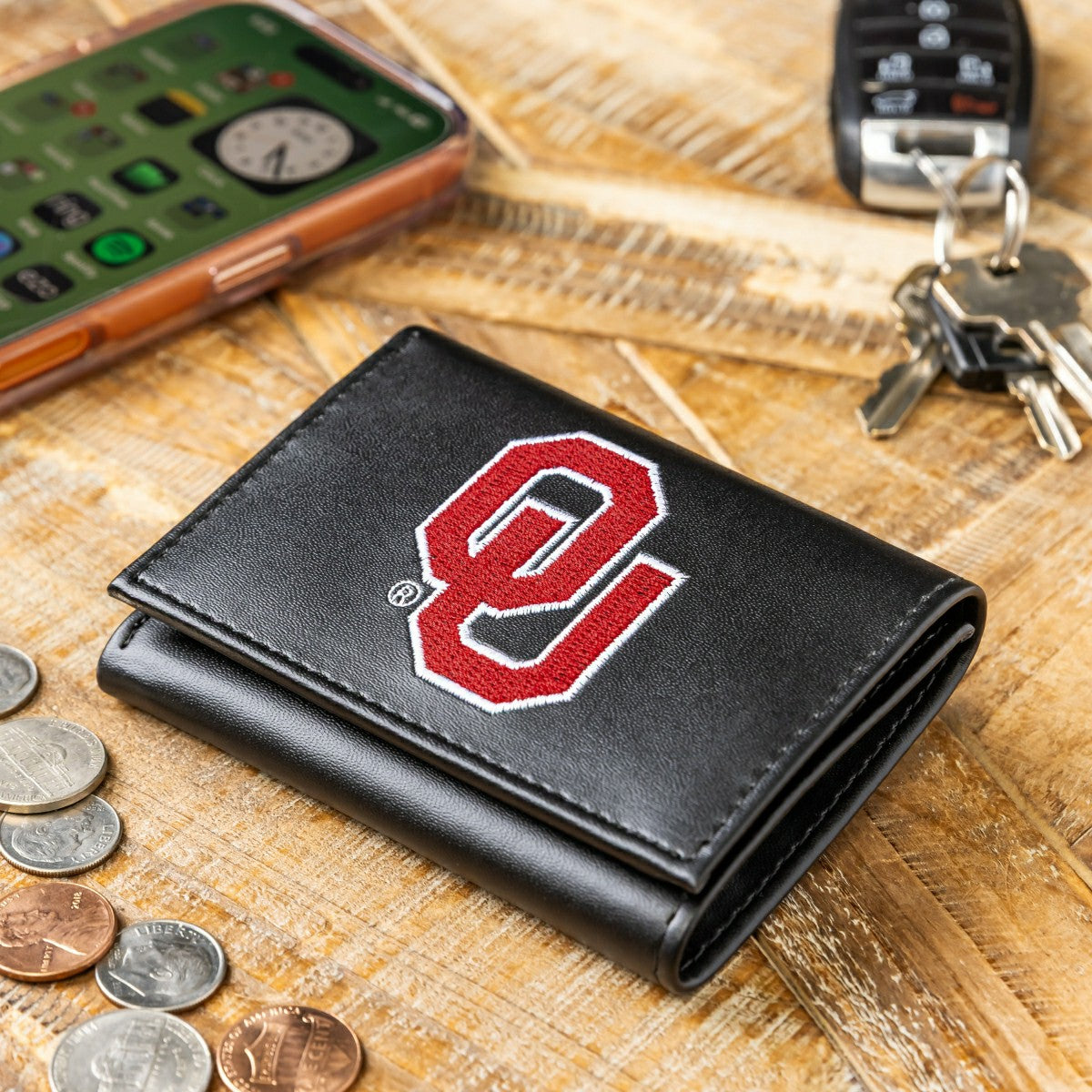 University of Oklahoma Black Tri-Fold Embroidered Wallet w/ RFID Blocking, Collegiate, Home