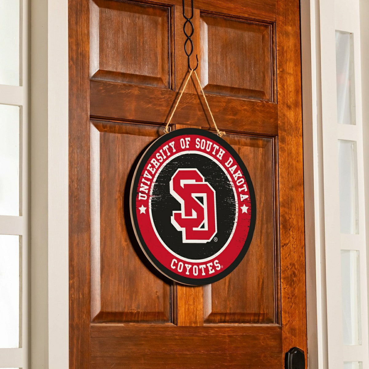 University of South Dakota Round Door Décor with Hanging Rope, 18x18, Collegiate, Home