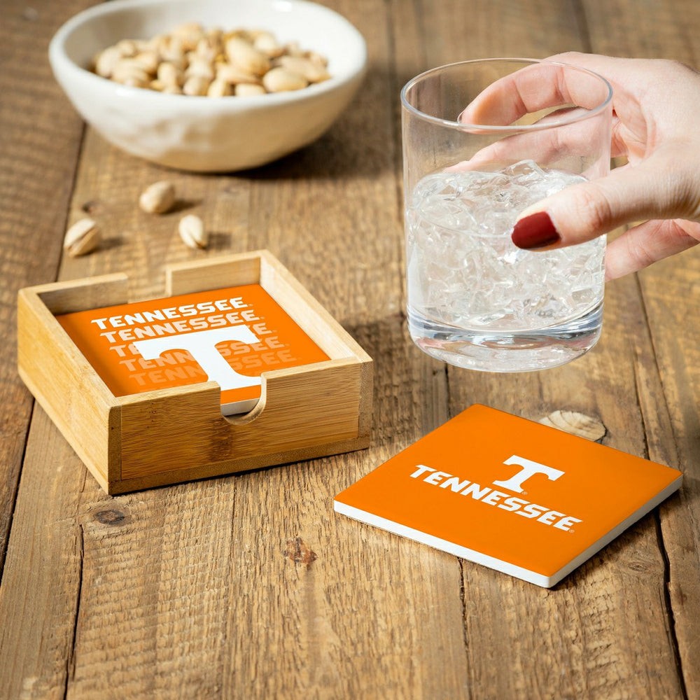 University of Tennessee Ceramic Coasters Set, 4pcs with Wood Caddy, Collegiate, Home