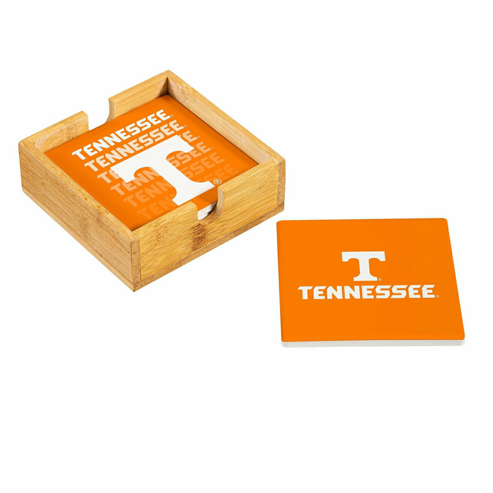University of Tennessee Ceramic Coasters Set, 4pcs with Wood Caddy, Collegiate, Home