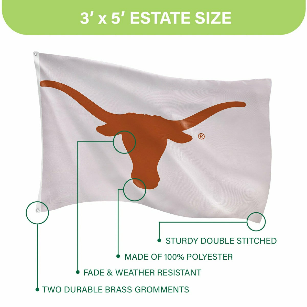 University of Texas Single Sided Flag w/ 2 Grommets, 3'x5', Collegiate, Home