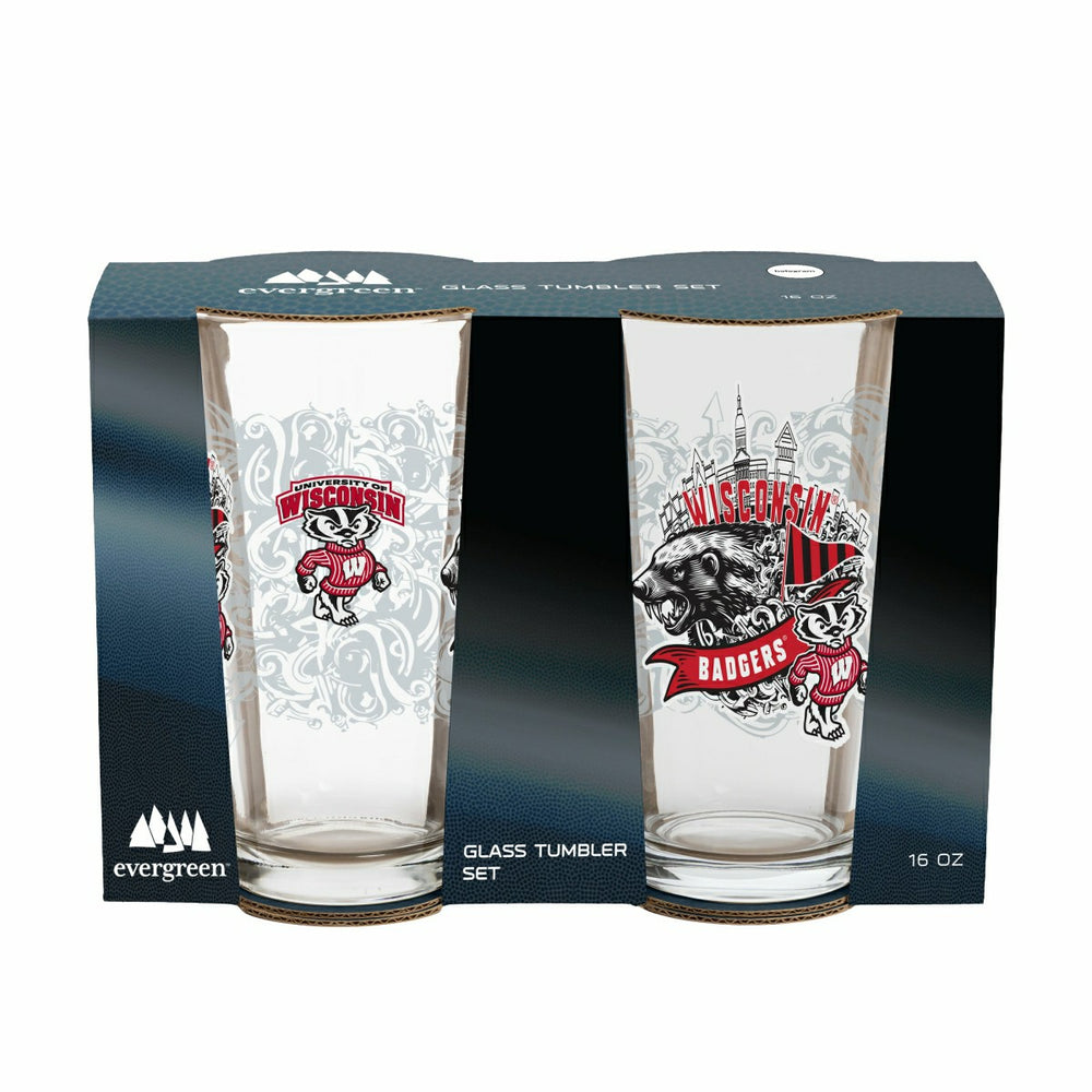 University of Wisconsin-Madison 16oz Glass pint, Set of 2, Collegiate, Home