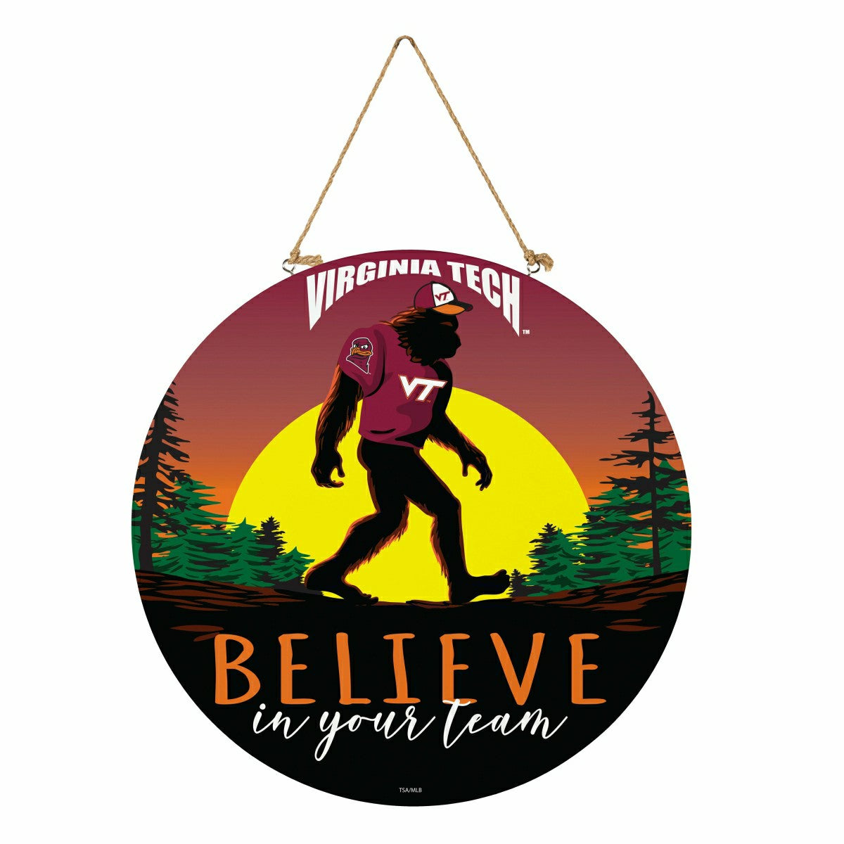 Virginia Tech Bigfoot Round Door Décor with Hanging Rope, 18x18, Collegiate, Home