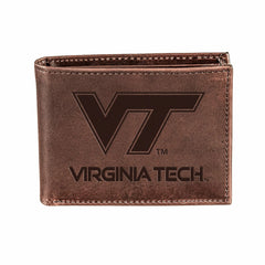 Virginia Tech, Bi-Fold Wallet, Brown, CH, 100% Genuine Leather, Collegiate, Home