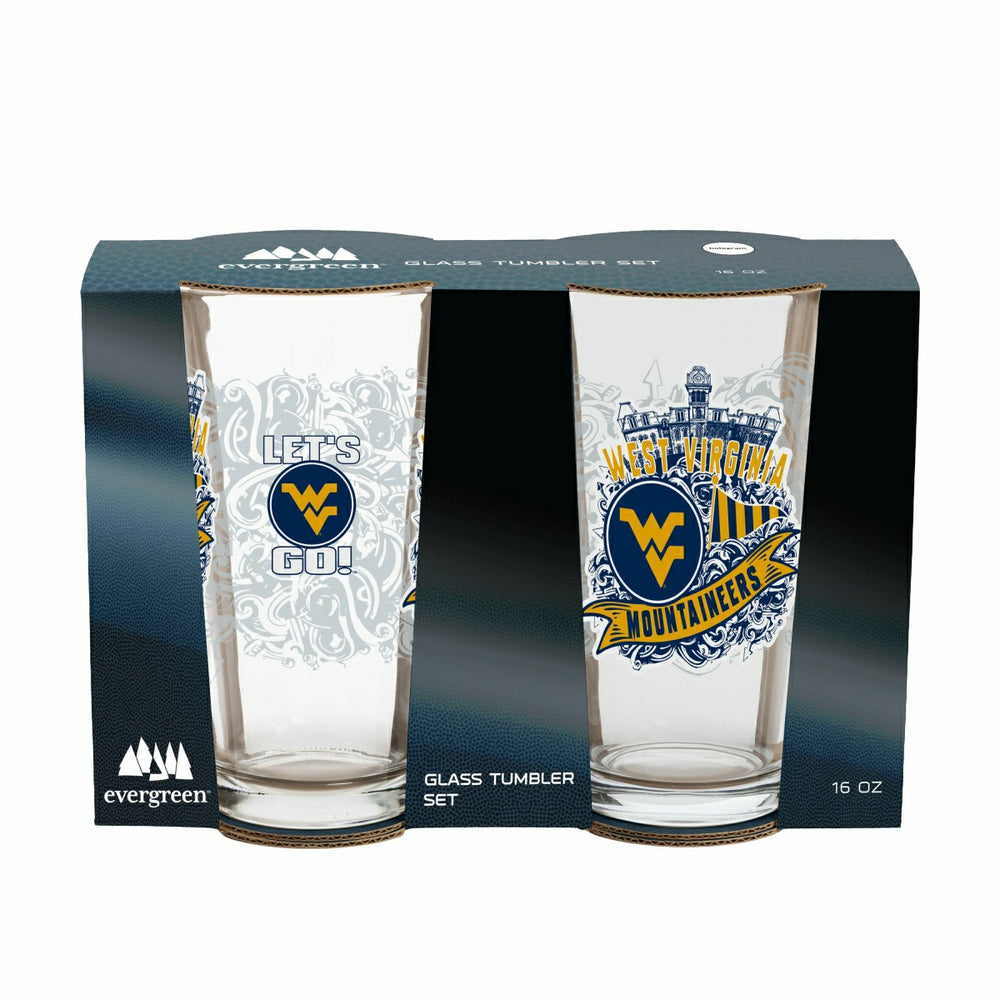 West Virginia University 16oz Glass pint, Set of 2, Collegiate, Home