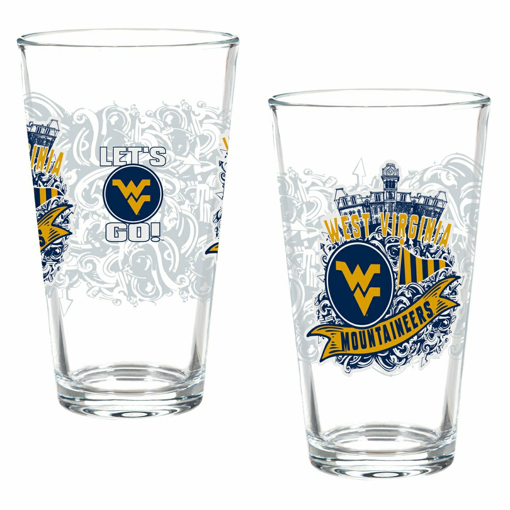 West Virginia University 16oz Glass pint, Set of 2, Collegiate, Home