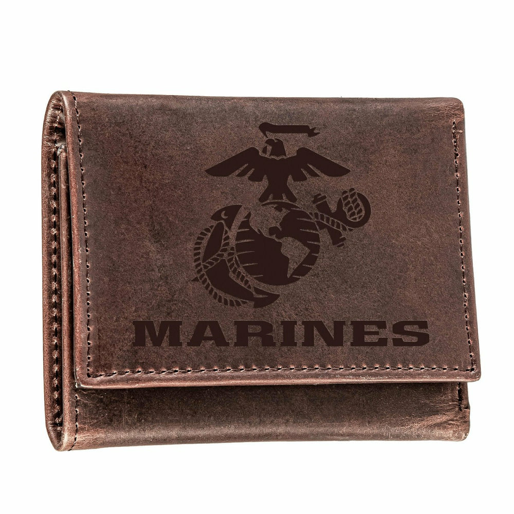 US Marine Corps Brown Tri-Fold Wallet, 100% Genuine Leather, US Military, Home