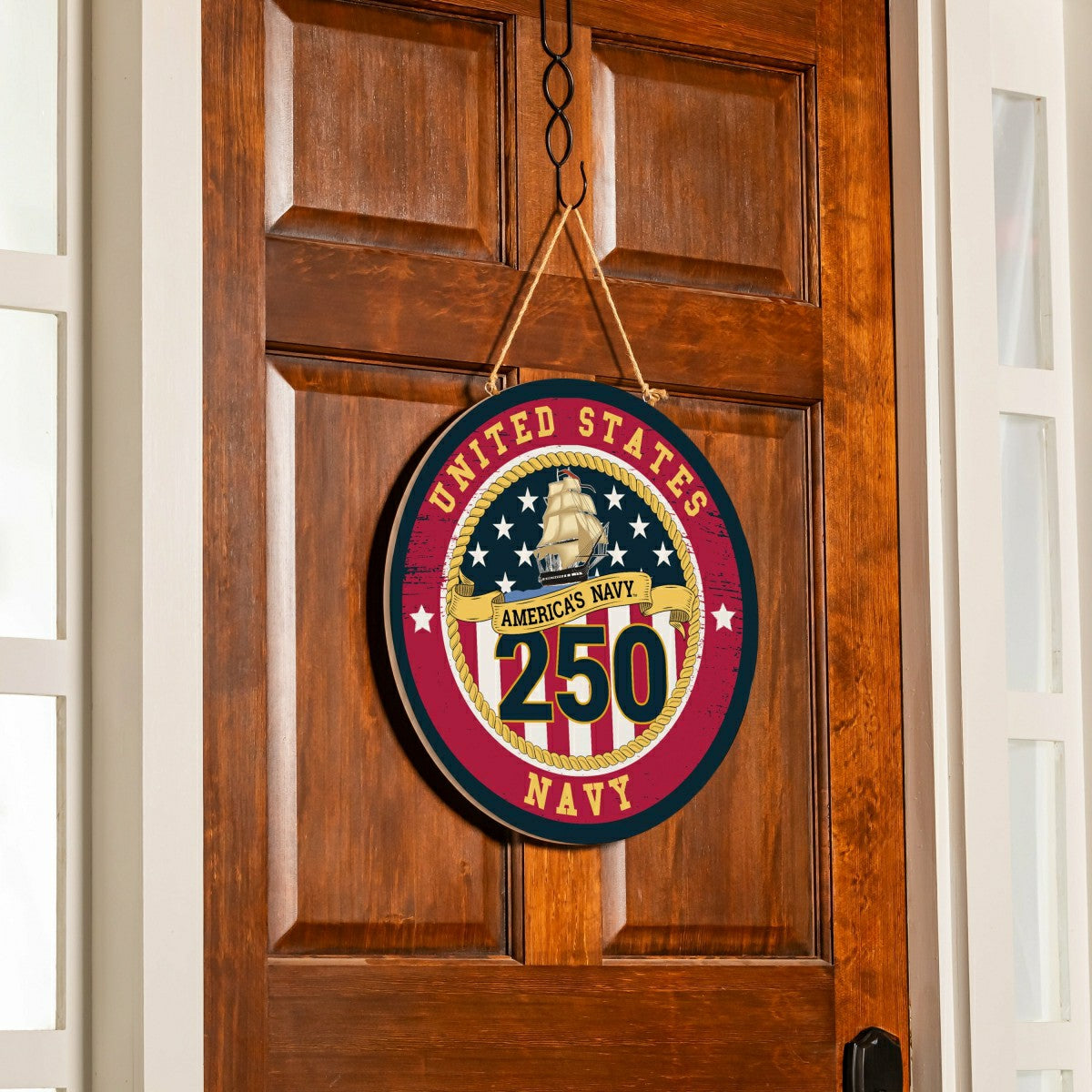 US Navy, 250th Anniversary Round Door Décor with Hanging Rope, 18x18, US Military, Home