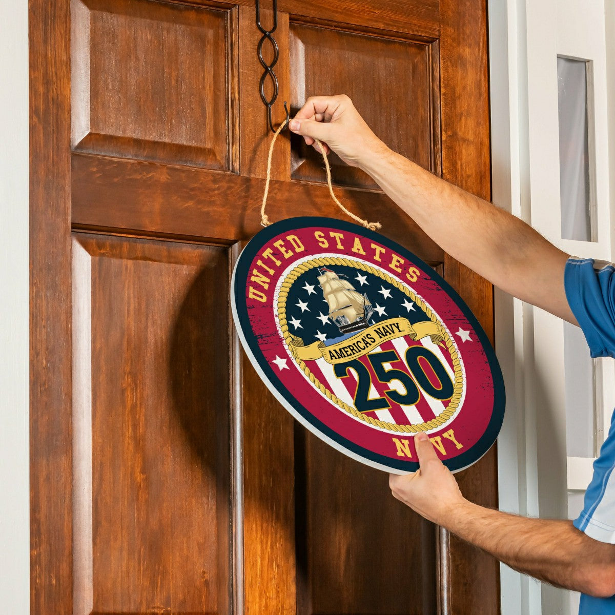 US Navy, 250th Anniversary Round Door Décor with Hanging Rope, 18x18, US Military, Home