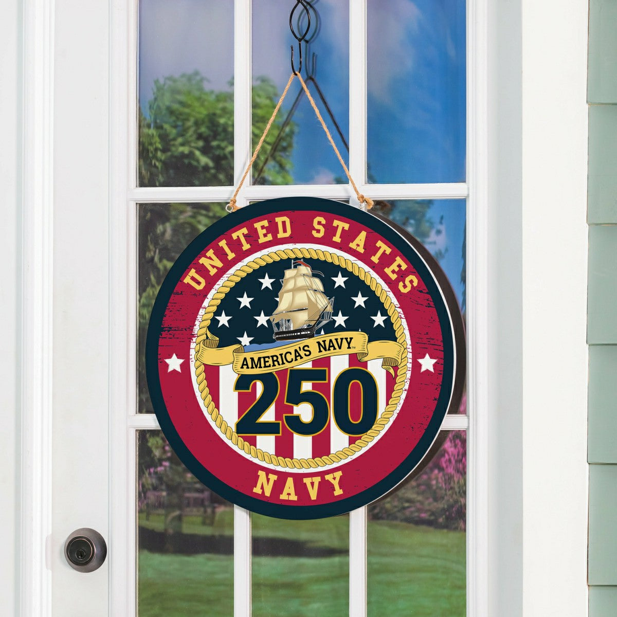 US Navy, 250th Anniversary Round Door Décor with Hanging Rope, 18x18, US Military, Home