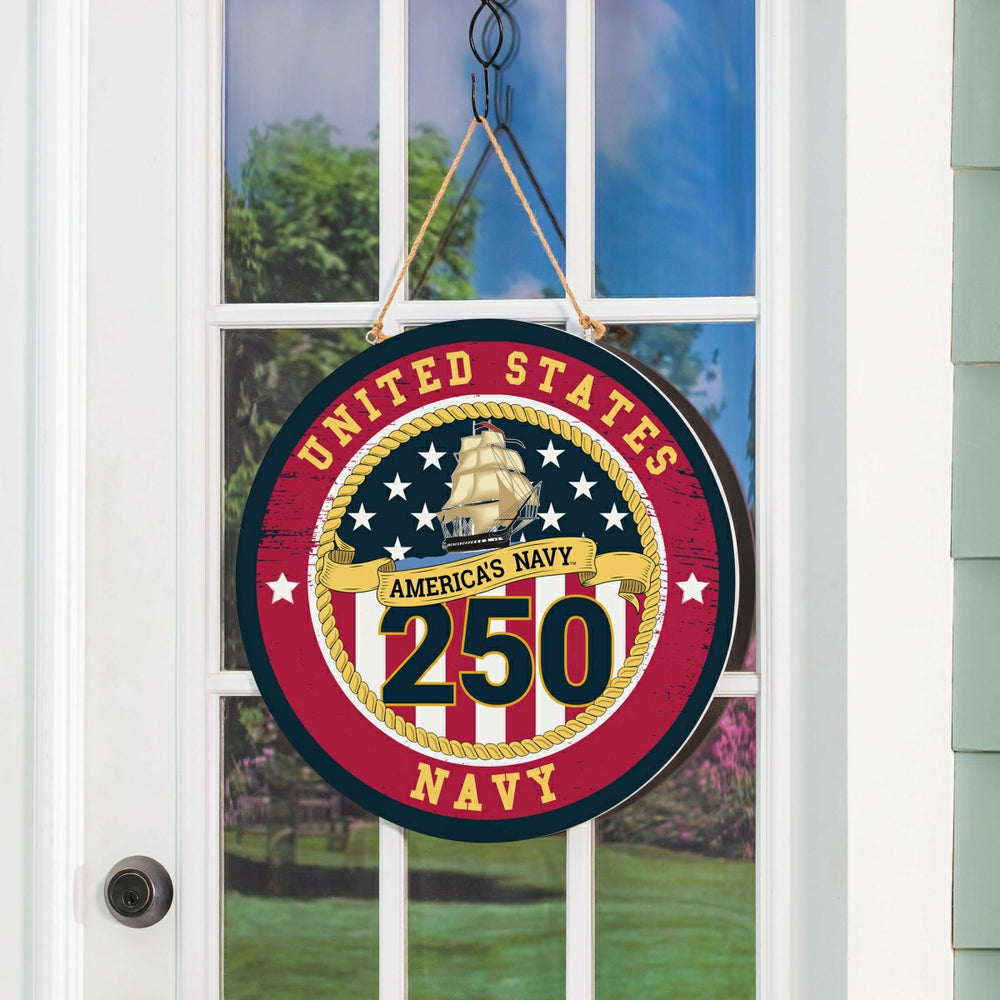 US Navy, 250th Anniversary Round Door Décor with Hanging Rope, 18x18, US Military, Home