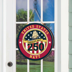 US Navy, 250th Anniversary Round Door Décor with Hanging Rope, 18x18, US Military, Home