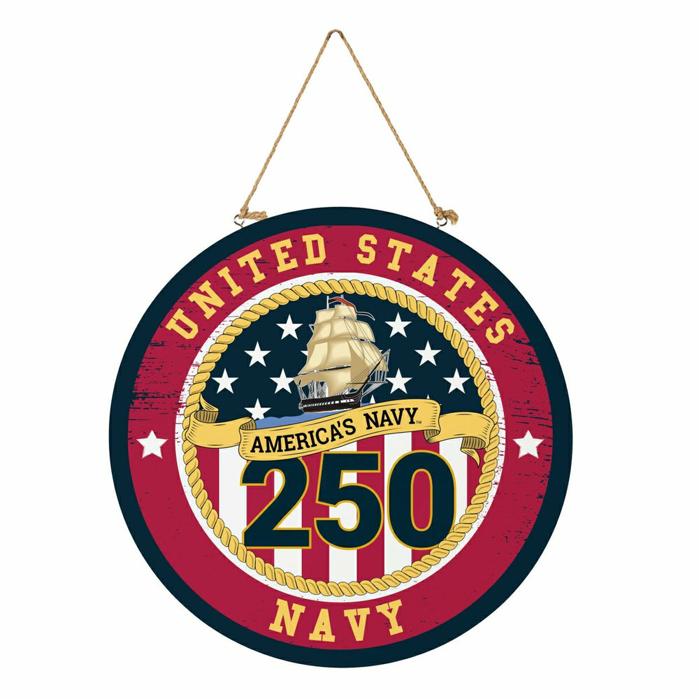 US Navy, 250th Anniversary Round Door Décor with Hanging Rope, 18x18, US Military, Home