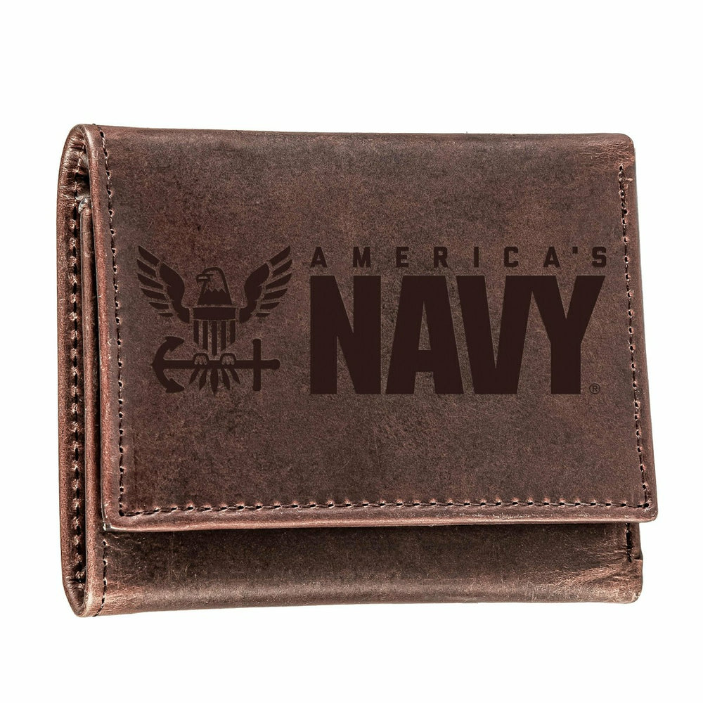 US Navy Brown Tri-Fold Wallet, 100% Genuine Leather, US Military