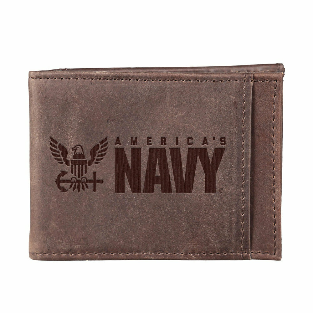 US Navy Brown Front Pocket Wallet with RFID Blocking, 100% Genuine Lea, US Military