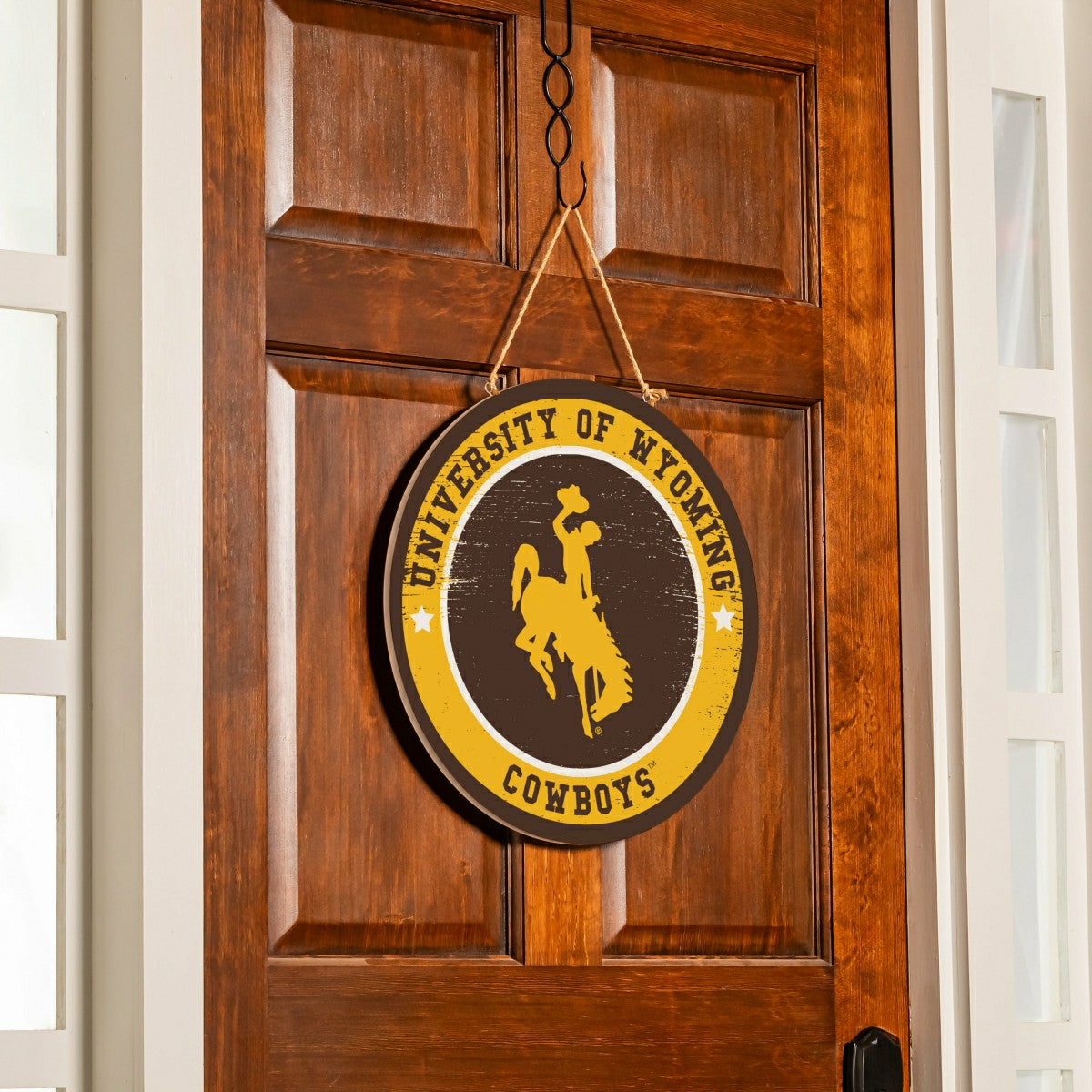 University of Wyoming Round Door Décor with Hanging Rope, 18x18, Home