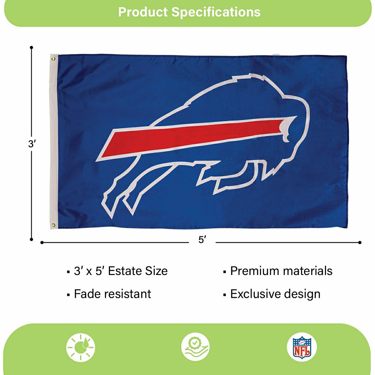 Buffalo Bills Single Sided Estate Flag with 2 Grommets, 3'x5', NFL, Home