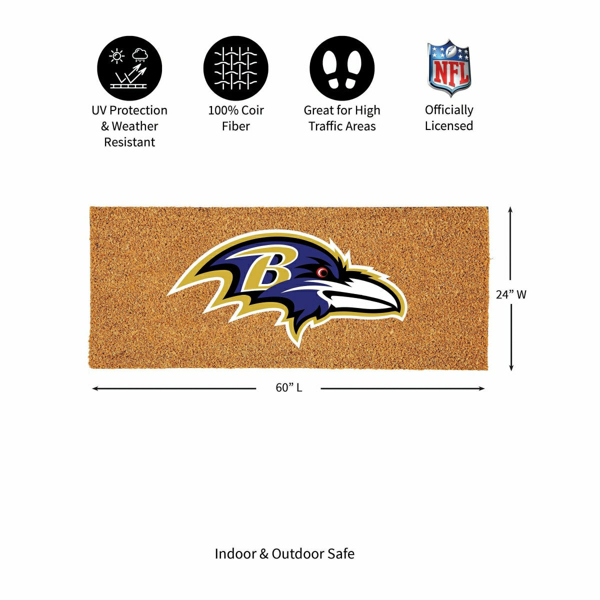 Baltimore Ravens Extra Large Full Color Coir Mat, 60"x24", NFL