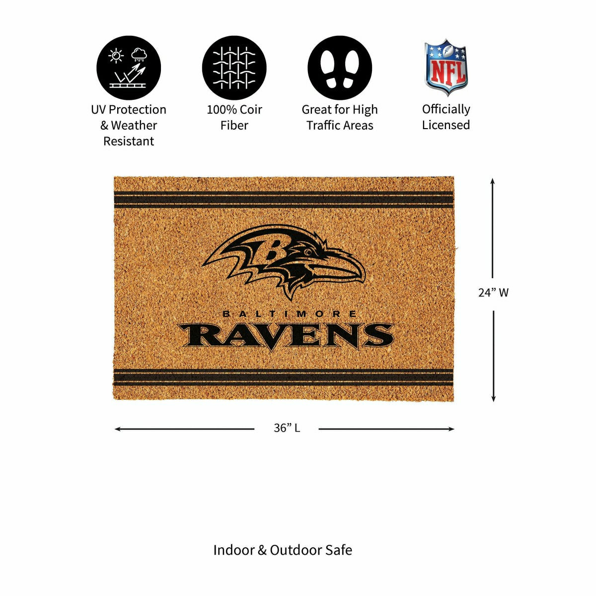 Baltimore Ravens Large One Color Coir Mat, 36"x24", NFL