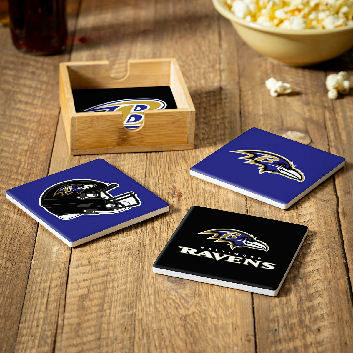 Baltimore Ravens Ceramic Coasters Set, 4pcs with Wood Caddy, NFL